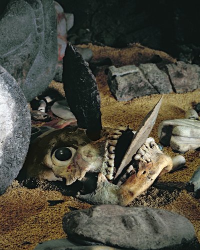 Skull with Flint Knives Stuck in the Mouth and Nose (detail) by Aztec